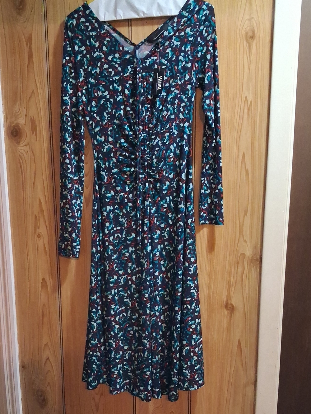 Women’s Long Sleeve V-Neck Printed Midi Dress - Teal Multi